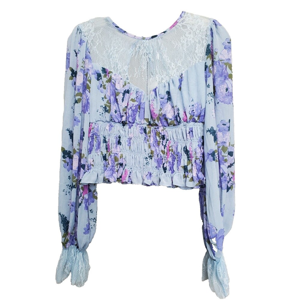 FREE PEOPLE DAPHNE Lace Smocked Cropped Long Sleeve Babydoll Top Blue Small NWT